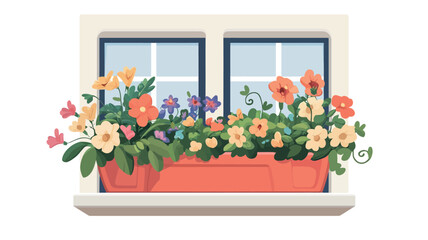 The image is a vector illustration depicting a vibrant window box overflowing with a variety of spring flowers in shades of orange, yellow, pink, and purple. The flowers are depicted