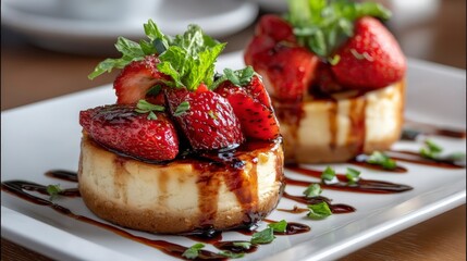 Delicious strawberry cheesecake topped with fresh berries and mint served on a white plate in a cozy setting