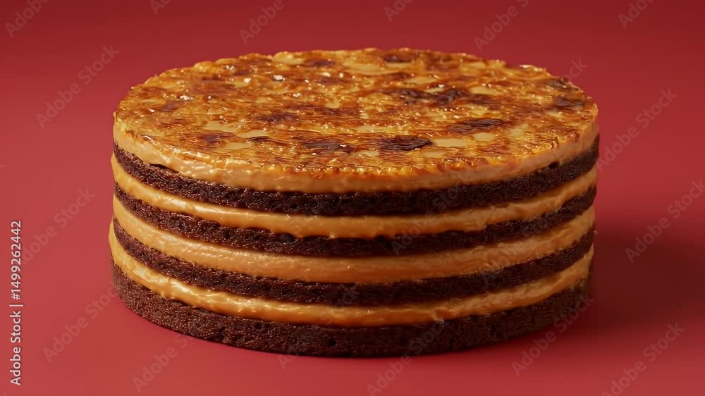Poster cake stacked with layers on red background