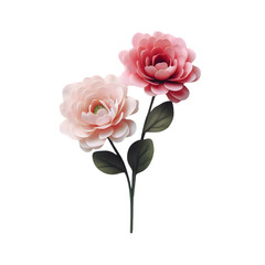 Two artificial flowers, one light pink and one dark pink, are positioned against a plain white background
