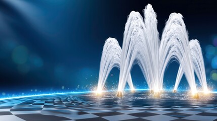Sparkling Fountain Display with Chessboard Water and Energy Glow - Abstract Background.