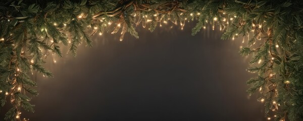 Luxurious seamless border of interwoven conifer branches and glowing fairy lights ,  photo,  lights