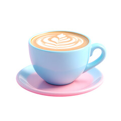 A light blue cup of coffee with latte art on a pink saucer against a black color background view isolated with white background