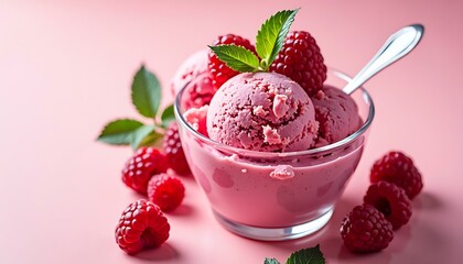 Raspberry Ice Cream Delight: A luscious, vibrant bowl of raspberry ice cream is adorned with fresh raspberries and mint leaves, offering a tempting treat