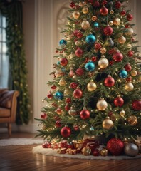 Ornate Christmas tree, vibrant baubles, soft focus lights ,  winter,  glitter,  glowing