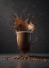 Dark coffee splatters on deep gradient background, coffee splash, espresso, splash