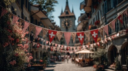Decorative flags and bunting in Swiss national colors hanging across old town street during Swiss National Day celebration with floral balconies and clock tower