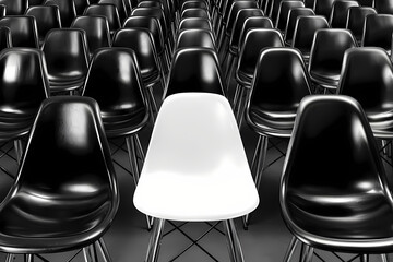 Obraz premium White chair standing out from the crowd of black chairs