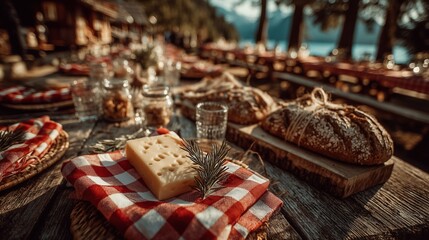 Fototapeta premium Elegant picnic table decorated with red checkered tablecloth, baskets, pastries and floral centerpieces for scenic Swiss National Day celebration by the marina and historic architecture