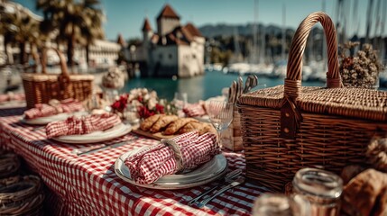 Obraz premium Rustic table setting with freshly baked multigrain bread, red checkered linens and floral decorations for Swiss National Day lakeside feast with traditional culinary atmosphere