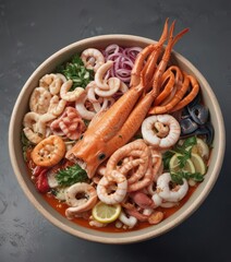 Colorful seafood bowl; fish & squid displayed artistically ,  appetizer,  presentation,  realistic