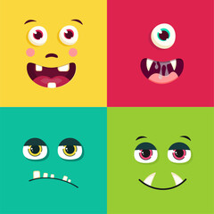Cartoon monster faces set. Vector set of four Halloween monster faces with different expressions.  