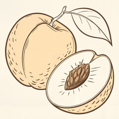 Peach in detailed pencil illustration style in black and white representing organic summer fruit and vintage botanical art