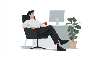 The image is a stylized vector illustration depicting a person, seemingly male, in a relaxed posture seated in a black office chair at a desk. The person is holding a red mug, possibly coffee.