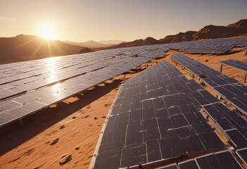 Golden hour sunlight on solar panels, desert landscape, blue, sun, nature