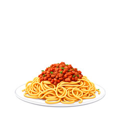 A plate of spaghetti with meat sauce and parsley garnish served on a white plate for a cartoon look isolated with white background