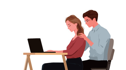 The image is a digital illustration depicting a young couple in a stylized cartoon/flat design aesthetic. The color palette is muted and warm. A woman with shoulder-length brown hair, 