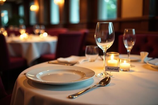 Elegant restaurant table setting, reserved sign, candles, silverware, fine dining , setting, cutlery