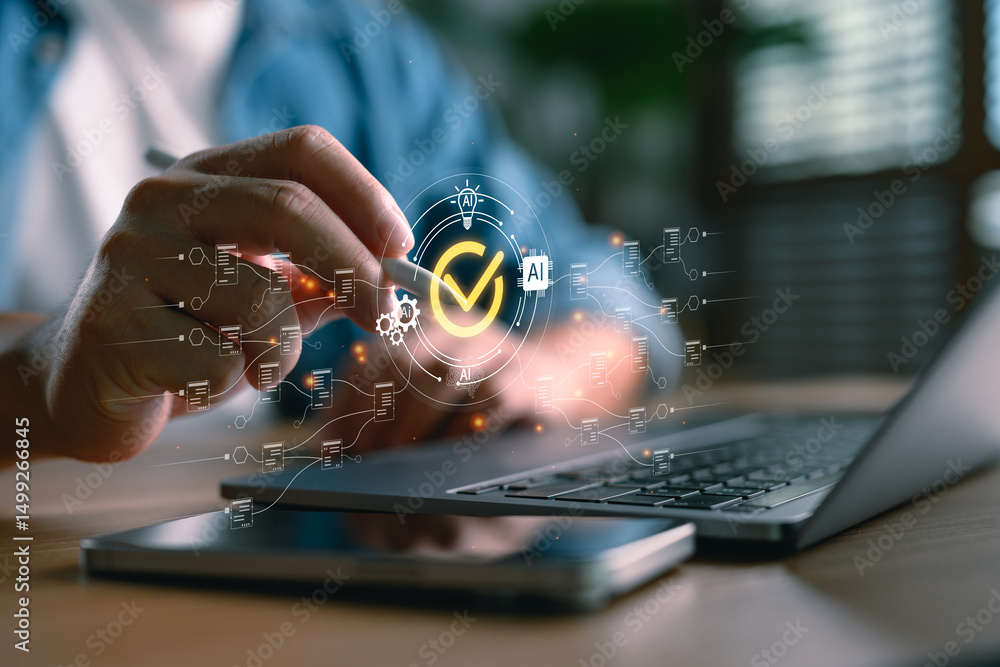 Fototapete AI-powered data analytics and document management system concept. Man using stylus with digital interface for big data automation, intelligent workflow, and real-time smart document processing.