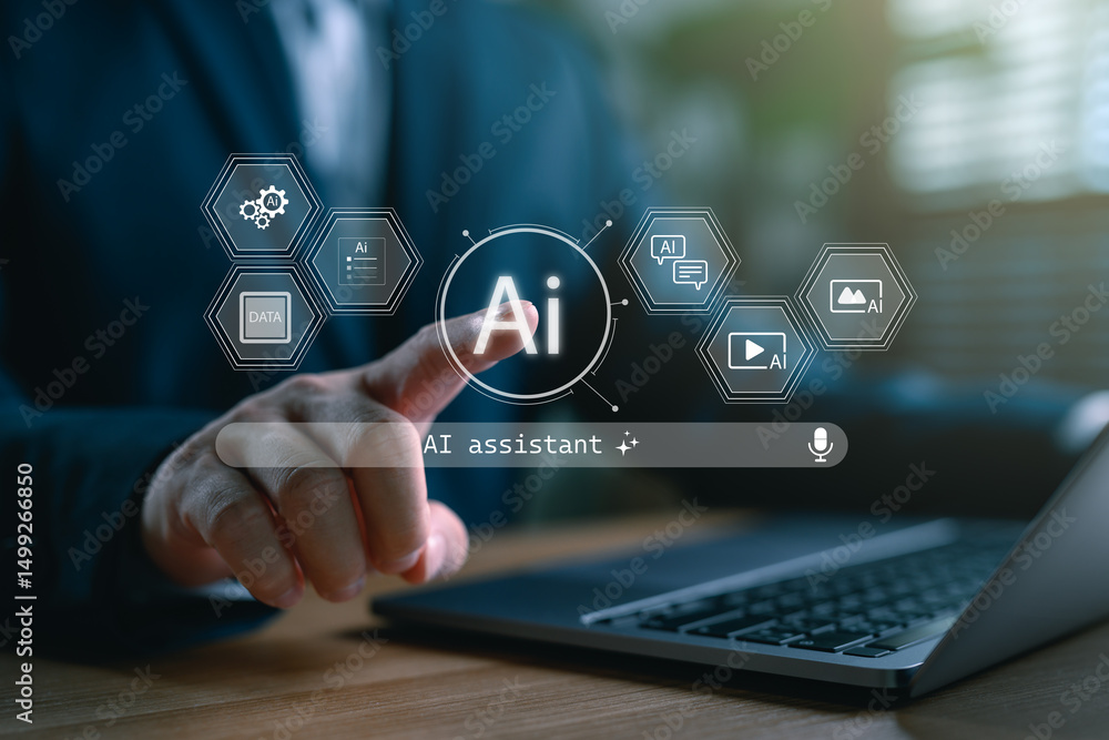 Poster ai assistant technology concept for daily life and smart interaction. businessman using laptop with 