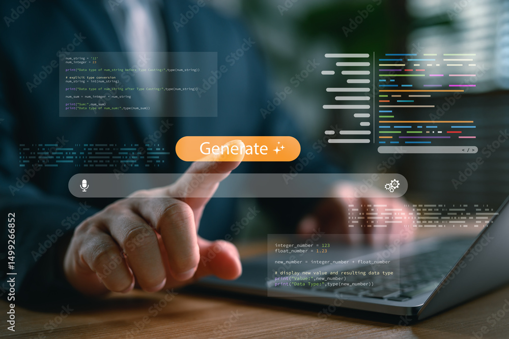 Fototapete Web developer using AI for code generation and automation. Businessman working on laptop with futuristic programming interface, script output, and voice-activated AI assistant for smart development.