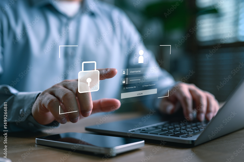 Leinwandbilder Cybersecurity and login authentication concept. Man entering secure username and password with digital interface, access control, identity verification, and data protection for online safety.