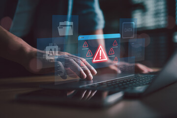 System warning alert with AI and data error concept. Man working on laptop with futuristic...