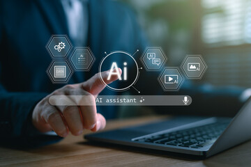 AI assistant technology concept for daily life and smart interaction. Businessman using laptop with futuristic interface for voice control, automation, and artificial intelligence support system.