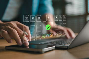 Checklist and document management system concept with digital quality control. Man using tablet and laptop to verify online forms, audits, and workflow approval with futuristic interface icons.