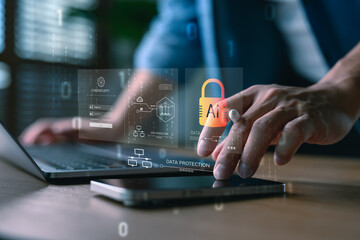 Cybersecurity with AI technology concept showing data protection and secure login. Man using tablet and laptop with futuristic interface for online safety, encryption, and digital privacy.
