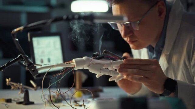 An engineer focuses on assembling a robotic hand, connecting wires and performing electronic tests in a workshop. The setting is illuminated by soft lighting, creating a concentrated atmosphere