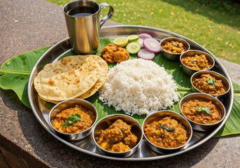 Traditional Indian Thali Meal with Colorful Curry and Chutney &ndash; Top Angle View