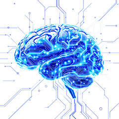 A glowing blue brain with circuit board patterns on a black background with connecting lines around it isolated with white background