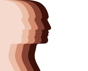 Silhouettes of human heads with different colors skin. Symbol racial equality and diversity. Partnership and mutual assistance concept. Vector illustration