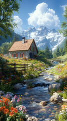 In the autumn mountains, a small house sits nestled in the forest, a peaceful scene of nature