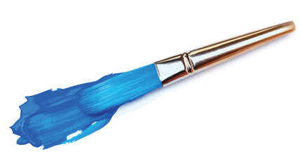 High-angle, close-up shot of a paintbrush with a metallic gold handle. The brush is laden with vibrant, glossy blue paint that extends beyond the bristles in a dynamic, slightly irregular stroke.