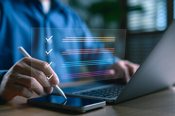 Online test and digital checklist concept with colorful interactive form. Man using stylus on tablet to complete questionnaire, evaluation, survey, and task tracking in a futuristic interface.