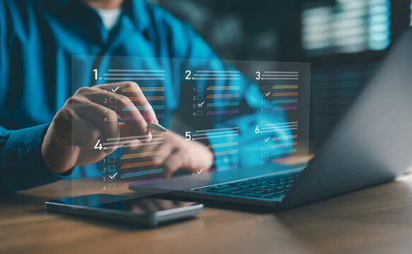 Online questionnaire and evaluation form concept. Man using digital interface on tablet and laptop to complete interactive test, multiple choice survey, and assessment with colorful checklist design.