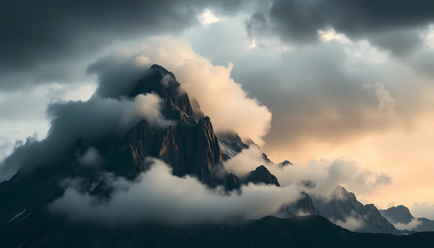 Dramatic mountain peak, storm clouds rolling in, cinematic tension