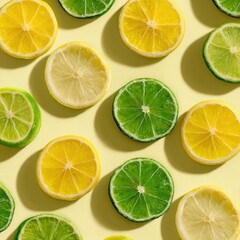 Obraz premium A minimalist pattern of lemon and lime slices in a repeating tile-like design in vibrant yellow and green tones, perfect for packaging design backgrounds, prints, wall decoration or branding materials