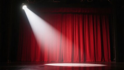 Dramatic red curtain under spotlight, evoking theatrical intensity and anticipation