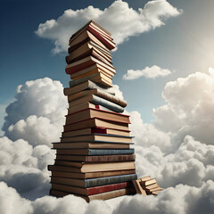 Books Tower in Clouds, Surreal Learning Concept, Floating Library of Knowledge, Dreamy Book Imagination, Education Reaching Sky, Stack of Wisdom, Knowledge in the Clouds, Conceptual Book Pile.