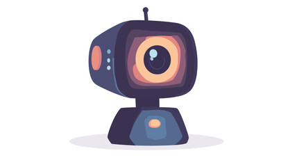 A digital illustration depicts a stylized robot designed in a retro-futuristic aesthetic. The robot's body is predominantly dark purplish-blue, with a boxy form reminiscent of a vintage television.