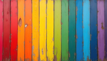 brightly painted wood planks with a red, yellow, green, and blue stripe,