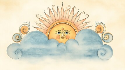 Fototapeta premium Sun above clouds for Sinhala new year. Design in style of Indian culture. Generative Ai
