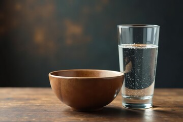 Empty bowl and glass of water, symbolic of fasting, white, detox, pure