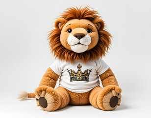 A regal plush lion in a white t-shirt with a golden crown emblem on a bright white background.