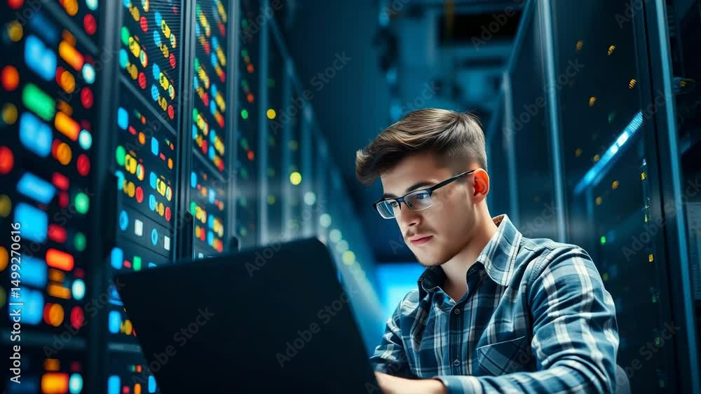 Aufkleber young man working with laptop in data server center engineer it and technology concept