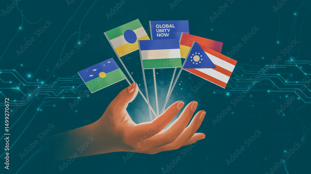 Poster hand interacting with digital flags symbol of global connection