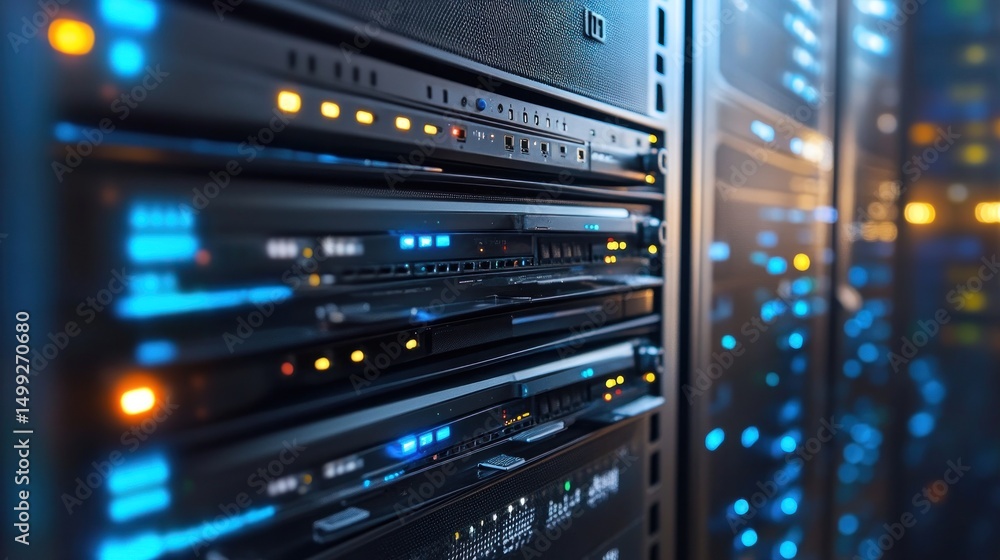 Poster illuminated server racks in a data center, signifying the core o
